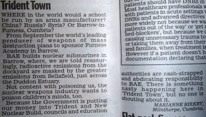 'Trident Town' - Daily Mail Letter 1st May 2015